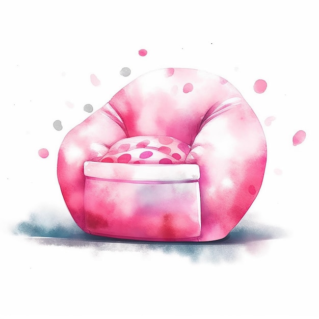 Une chaise rose et blanche avec un coussin rose dessus.