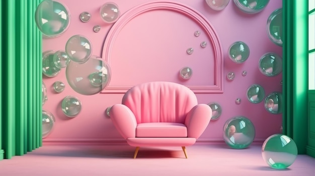 Une chaise rose contre un mur rose