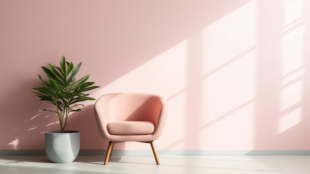 une chaise rose et une plante dans une pièce