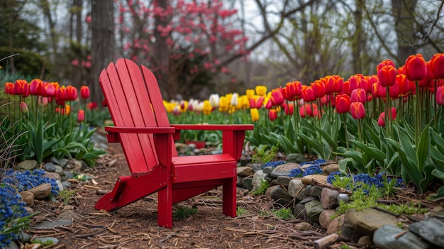 Une chaise rouge dans un champ de fleurs rouges