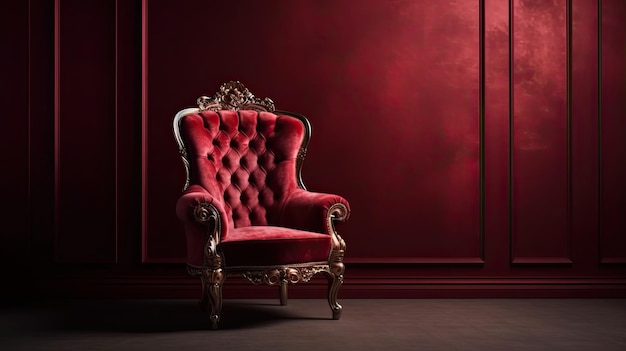 Une chaise rouge dans une pièce sombre avec une chaise rouge.