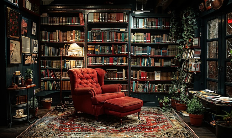 Photo une chaise rouge est assise devant une bibliothèque pleine de livres