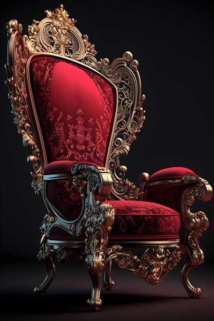 Une chaise rouge et or avec une couronne en or dessus.