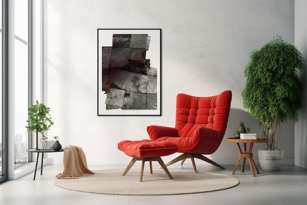 Une chaise rouge se trouve dans un salon avec une plante au mur.