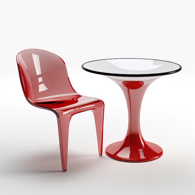 une chaise rouge avec un siège rouge et une table noire avec un trou au milieu