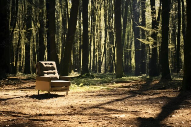 Une chaise solitaire dans la forêt avec des rayons de soleil qui passent.