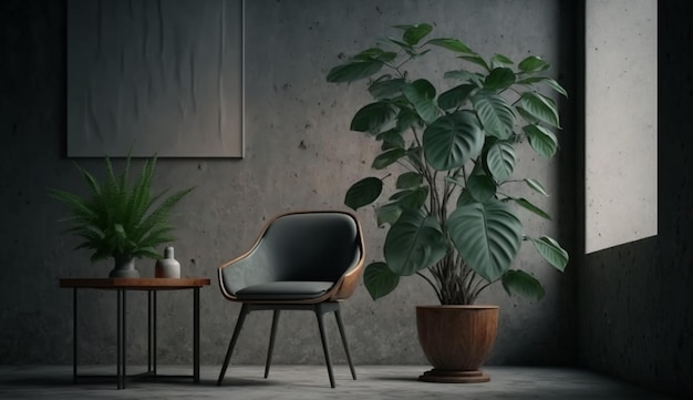 Chaise sombre et table en bois à l'intérieur du salon avec mur en béton végétal Generative AI