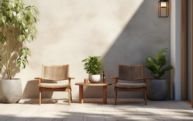 Une chaise suspendue et un pouf sur une véranda en bois au milieu du jardin avec des fleurs créées avec la technologie d'IA générative