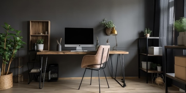 Chaise à table en bois avec écran d'ordinateur et plantes dans un intérieur de bureau à domicile spacieux gris Generative AI AIG18