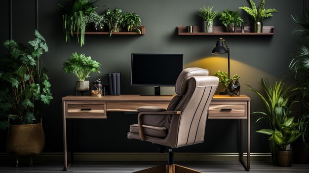 Chaise à table en bois avec moniteur d'ordinateur et plantes dans l'intérieur d'un bureau à domicile spacieux en gris