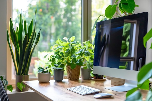 Chaise à table en bois avec moniteur d'ordinateur et plantes en gris intérieur de bureau à domicile spacieux aig