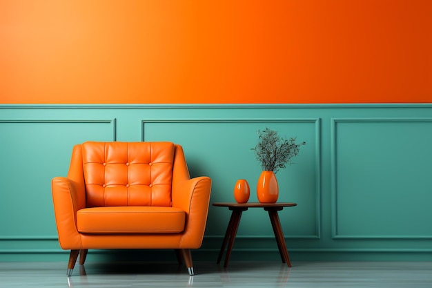 Chaise et table dans une pièce avec des murs orange IA générative