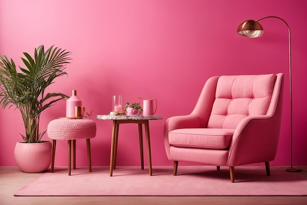 Chaise et table dans un salon rose avec espace copie