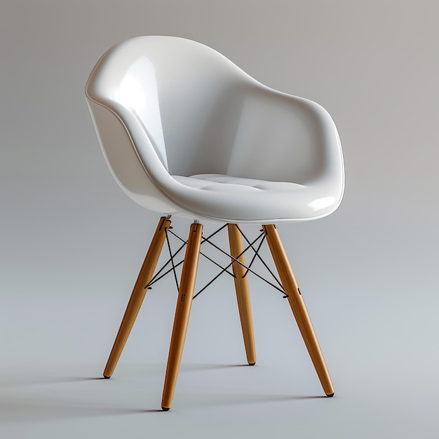 Chaise en tissu blanc avec des jambes en bois sur fond blanc Chaise à cadre en bois moderne du milieu du siècle 3D