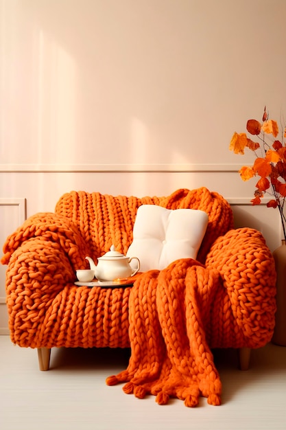 Chaise à tricoter orange confortable dans un design d'automne intérieur léger généré par l'IA