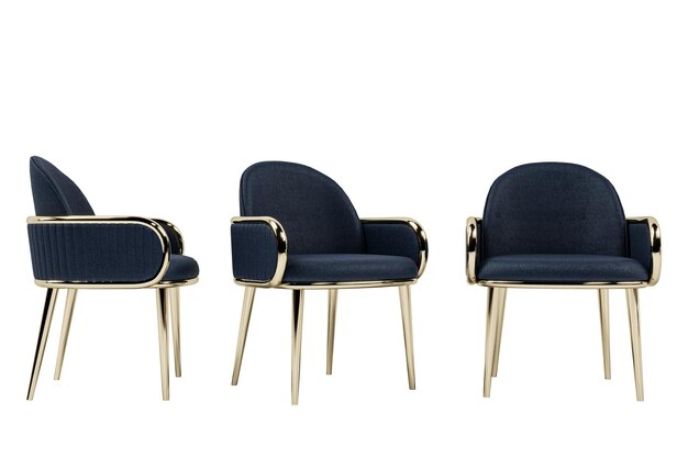 Chaise de velours bleu moderne et de luxe avec des jambes métalliques dorées isolées sur fond blanc