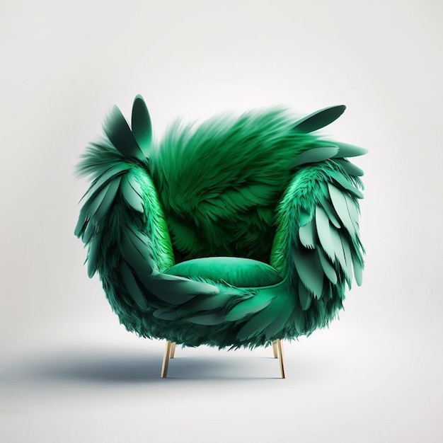 Une chaise verte avec un appui-tête à plumes vertes.