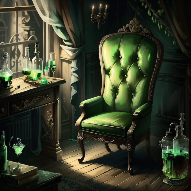 Une chaise verte avec une couverture verte et une chaise verte avec une chaise verte devant une table.