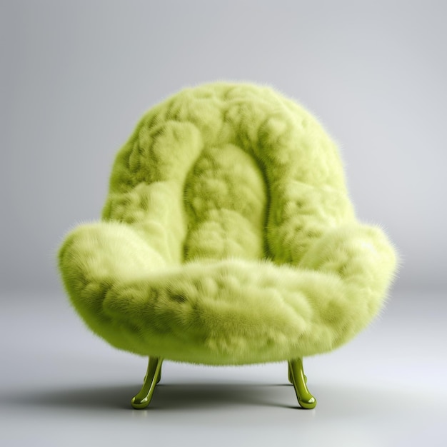 Une chaise verte avec un siège à fourrure dessus.