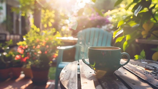 une chaise verte avec une tasse de café dessus