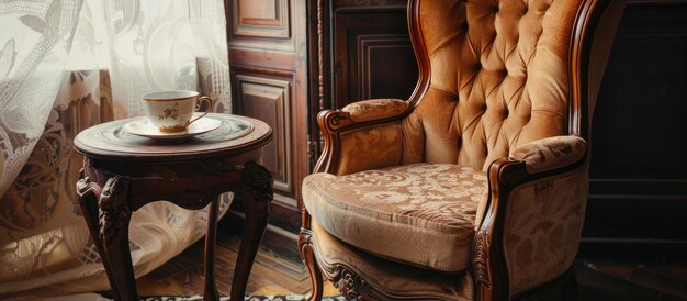 Une chaise vintage et une tasse de thé dans le décor