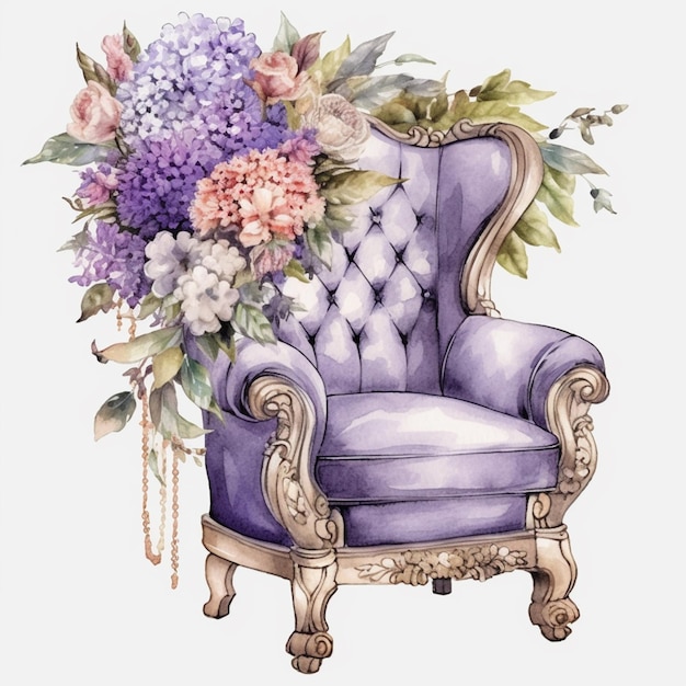 Une chaise violette avec un bouquet de fleurs dessus.