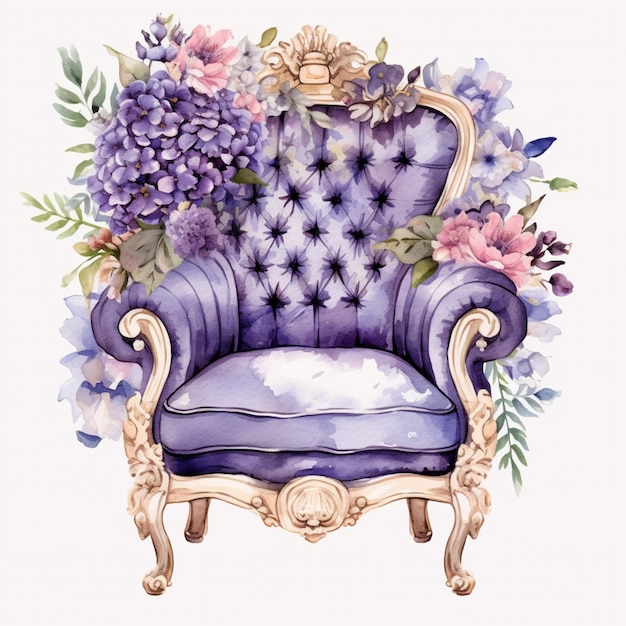 Une chaise violette avec une couronne et des fleurs.