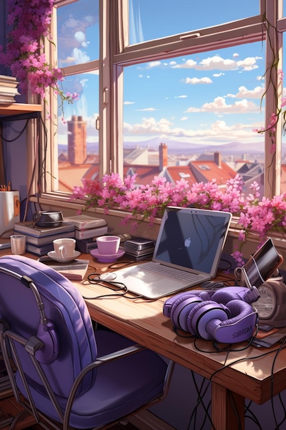 chaise violette devant un bureau avec un ordinateur portable et un téléphone ai génératif