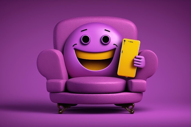 Une chaise violette avec un visage souriant tenant un téléphone.