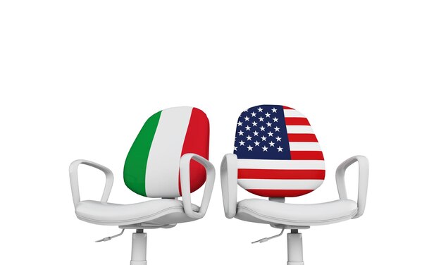 Chaises d'affaires Italie et États-Unis Concept de relation internationale Rendu 3D