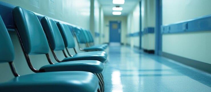 Photo des chaises alignées dans le couloir de l'hôpital.