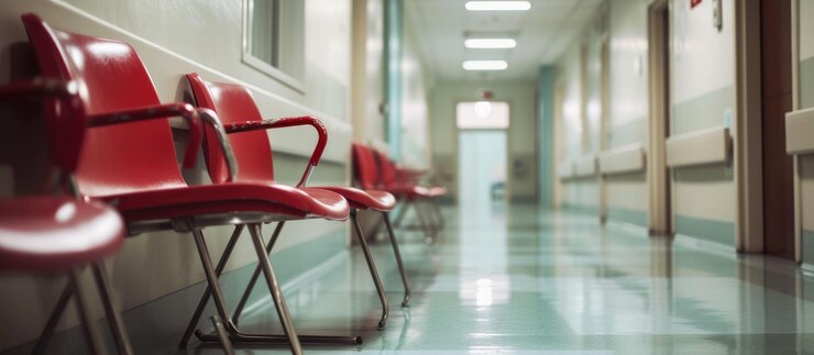 Photo des chaises alignées dans le couloir de l'hôpital.