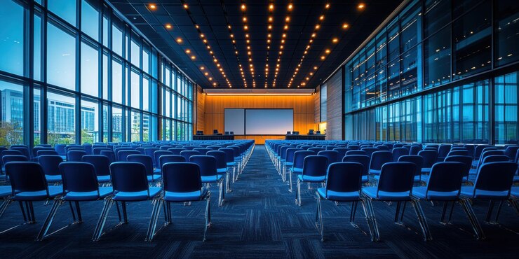 Photo des chaises bleues disposées dans une salle de conférence vide