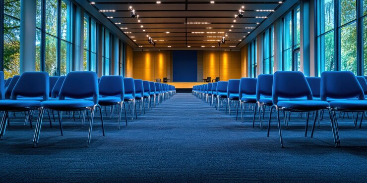 Photo des chaises bleues disposées dans une salle de conférence vide