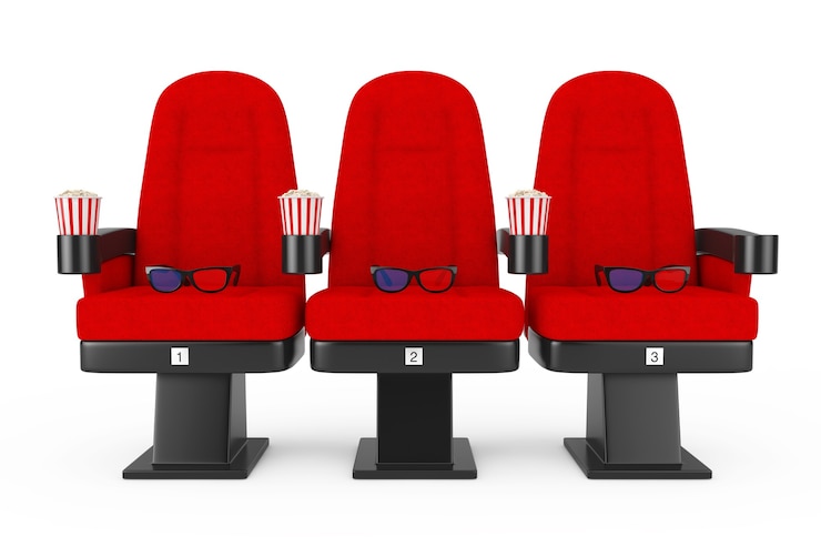 Photo chaises confortables de film de cinéma rouge avec du pop-corn et des lunettes 3d sur fond blanc. rendu 3d