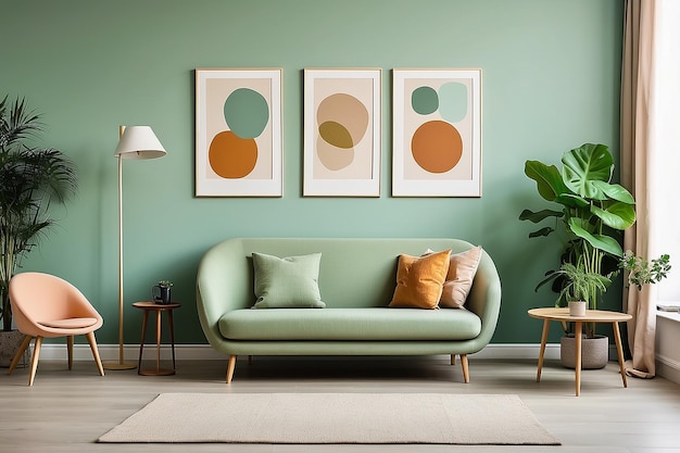 Chaises couleur menthe à la table à manger ronde en bois dans la chambre avec canapé et armoire près du mur