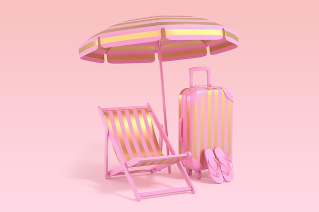 Chaises dorées à rayures premium et valise de voyage sur fond rose pastel illustration de rendu 3d