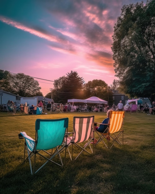 Des chaises de jardin à l'extérieur sur l'herbe pour la nuit de cinéma sur le projecteur en été