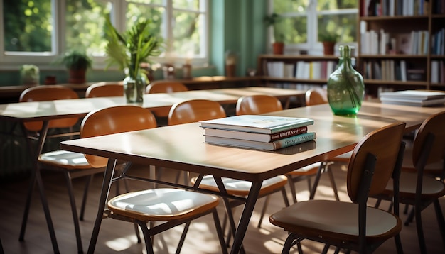 Des chaises et des livres orange au-dessus des bureaux dans la salle de classe de l'école ou de l'université Arrière-plan flou