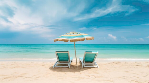 Des chaises longues avec un parapluie et une plage de sable une plage tropicale avec du sable blanc et de l'eau turquoise