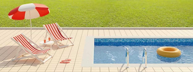 Chaises longues et parasol à côté d'une piscine avec espace copie. Notion d'été.