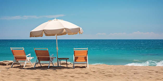 Chaises longues et parasols au bord de la mer