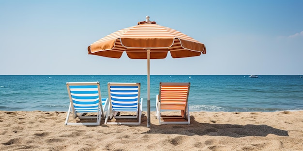 Chaises longues et parasols au bord de la mer