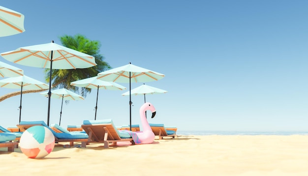 Chaises longues et parasols avec jouets gonflables sur le bord de mer sablonneux le jour d'été