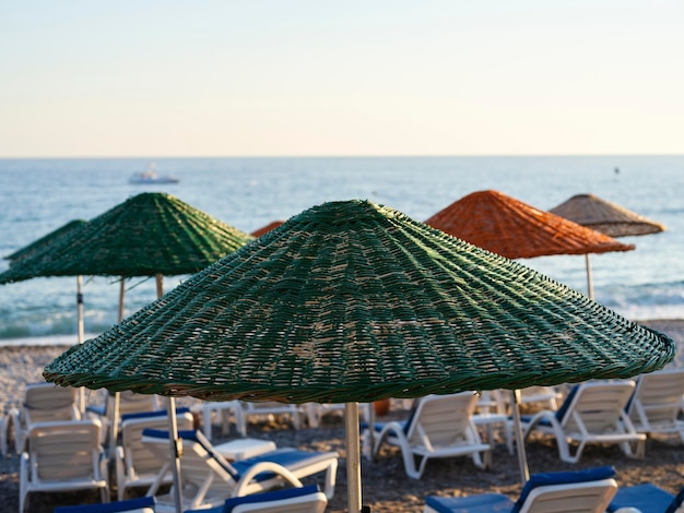 Chaises longues et parasols sur la plage en été