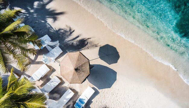 Des chaises longues sous des parasols vibrants sur une plage de sable avec des vagues cristallines parfaites