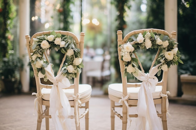 Photo les chaises de la mariée et du marié ornées de guirlandes