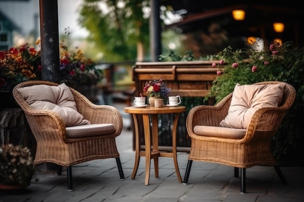 Chaises en osier et table en métal dans un café d'été en plein air Generative AI