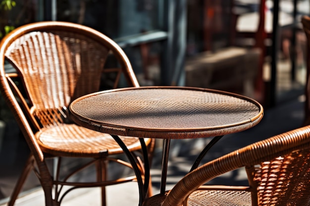 Chaises en osier et une table en métal dans un café d'été en plein air