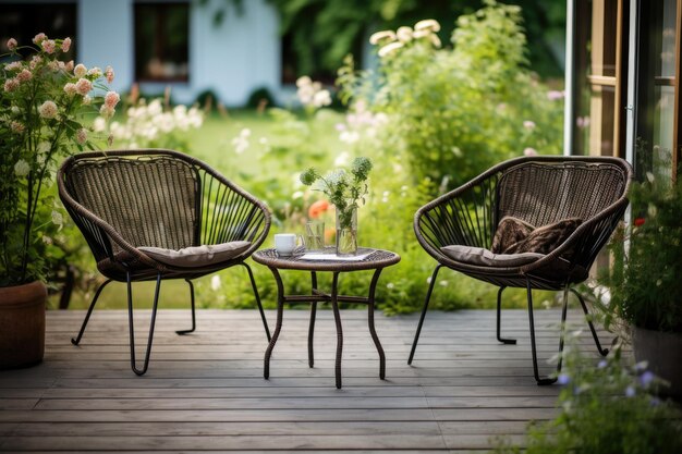 Des chaises en osier et une table en métal dans un jardin d'été en plein air